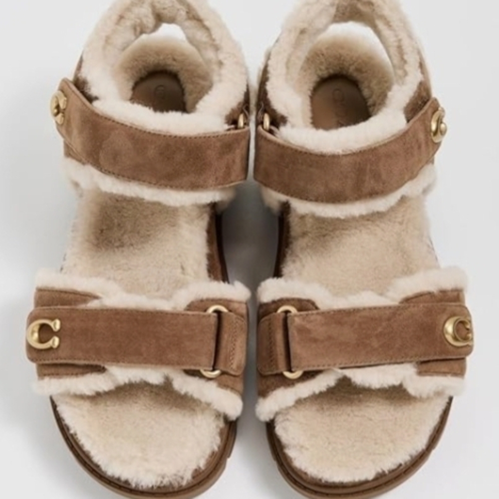 Coach Brown Shearling Sandals with Gold Details